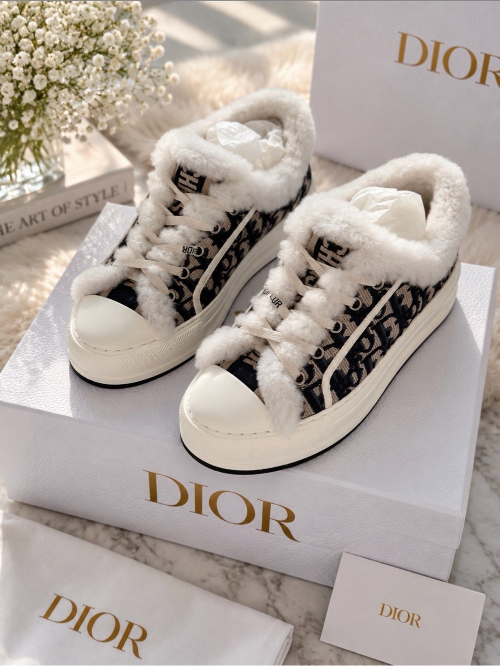 Dior Black and White Shearling-Trim Low-Top Platform Sneakers